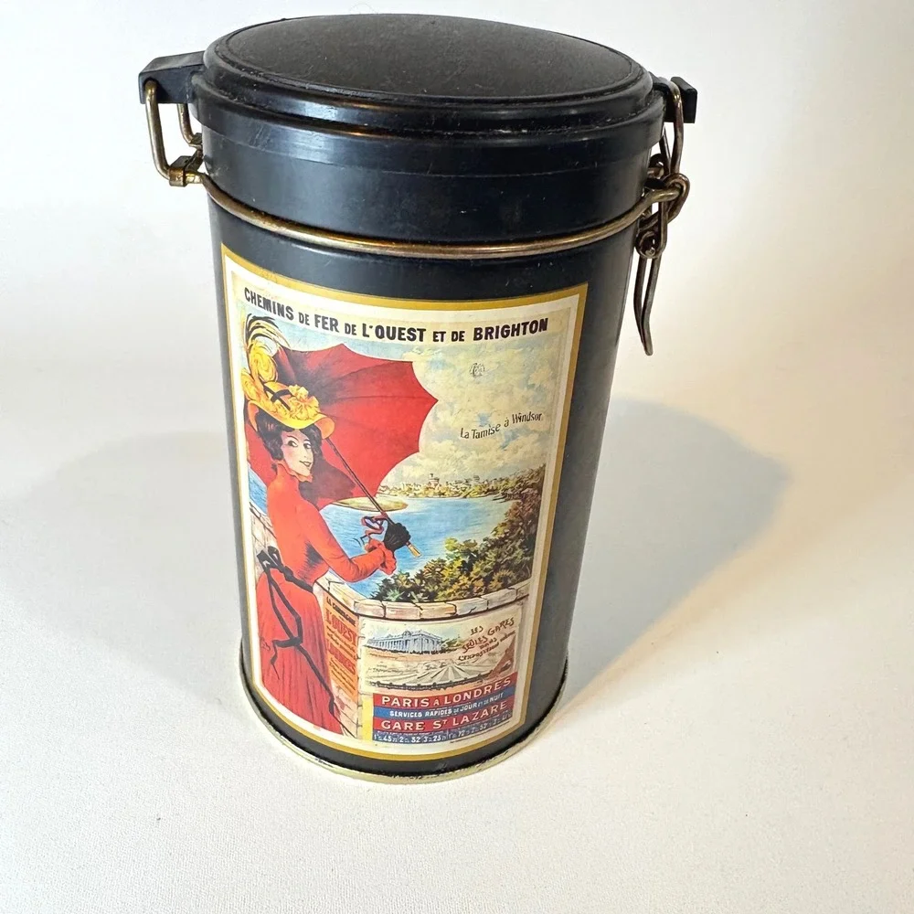 Vintage French Railway Travel Poster Tin Canister Paris to London Latch Lid